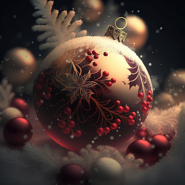 A christmas ball with red berries and a white christmas tree branch.