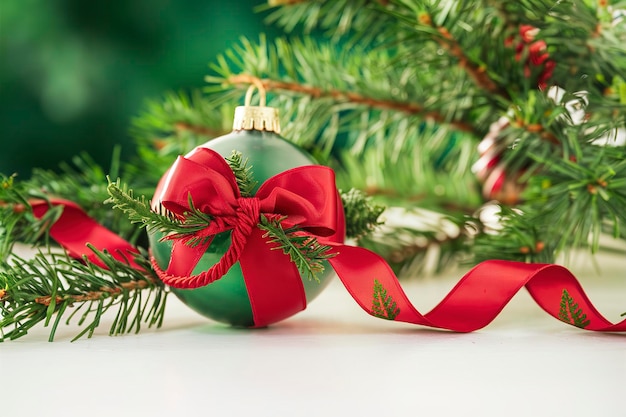 赤い弓と折りたたみのリボンのクリスマスボールと杉の枝 ぼんやりした緑の背景の後ろ