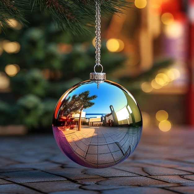 Christmas ball with reflection on the background of the New Year tree close up