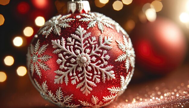 Christmas ball with snowflake on bokeh background closeup