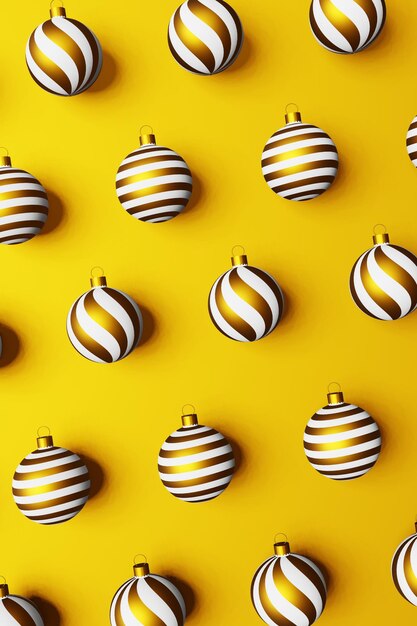 クリスマス ボール 3 D パターン壁紙トップ ビュー フラット横たわっていた黄色の背景クリスマスお祝いオーナメント ホワイト ゴールド装飾