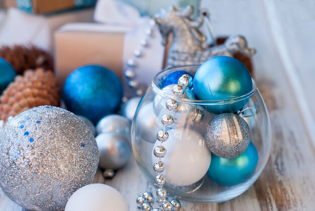 Christmas balls, beads, cones,  Christmas background.