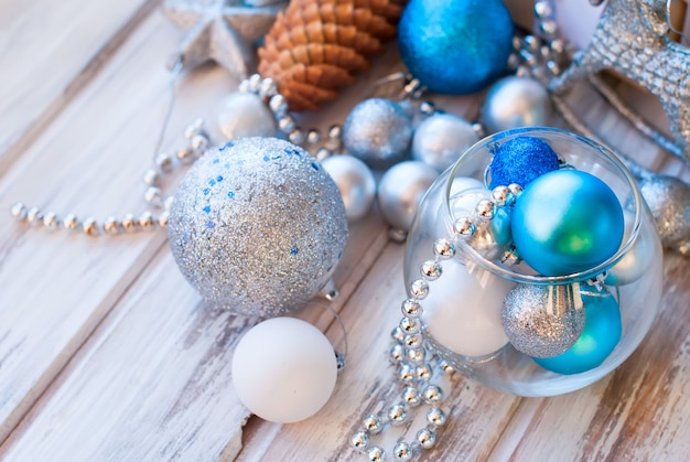 Christmas balls, beads, cones,  Christmas background.