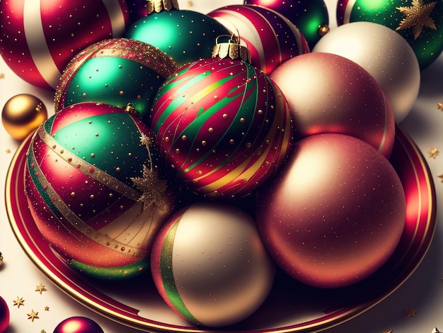 Christmas balls in a bowl with a gold rim