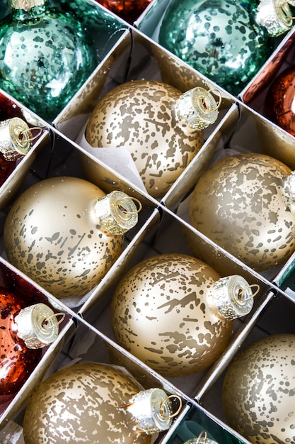 Christmas balls in box  close up