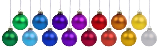 Photo christmas balls collection many baubles banner colorful colors decoration deco hanging isolated on white