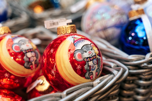 Christmas balls on the counter of the store