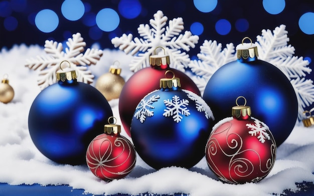 Christmas balls and decoration on dark blue with snow