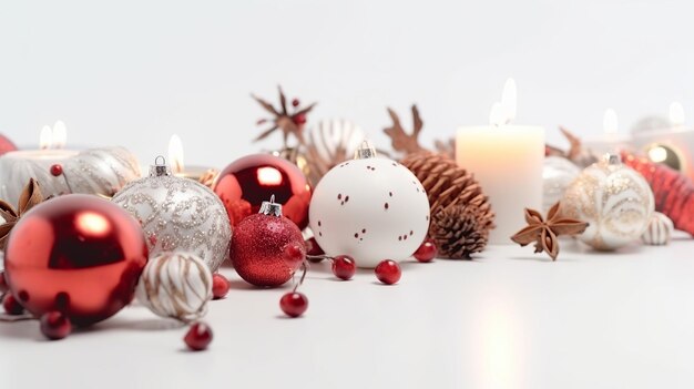 Christmas Balls and Decorations on a White Background in Festive Celebration