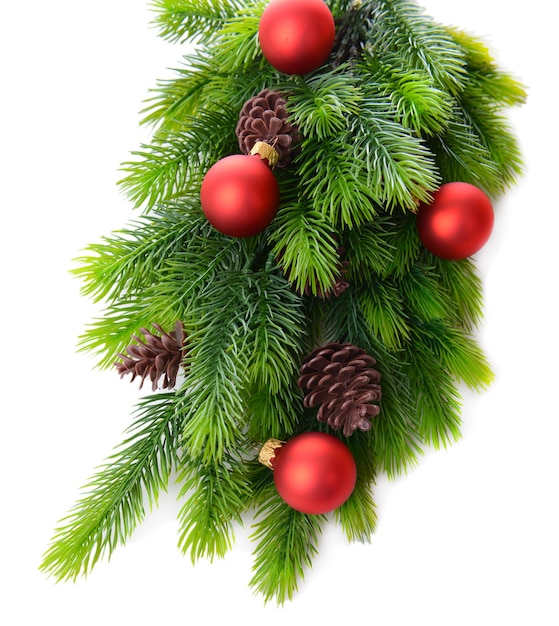 Christmas balls on fir tree, isolated on white