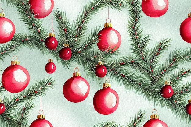 Christmas balls and floral baubles deco watercolor seamless pattern