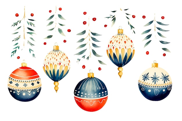 Рождественские шары и гирлянды. Рождественская и новогодняя тема в акварельном стиле изолируется на белом.