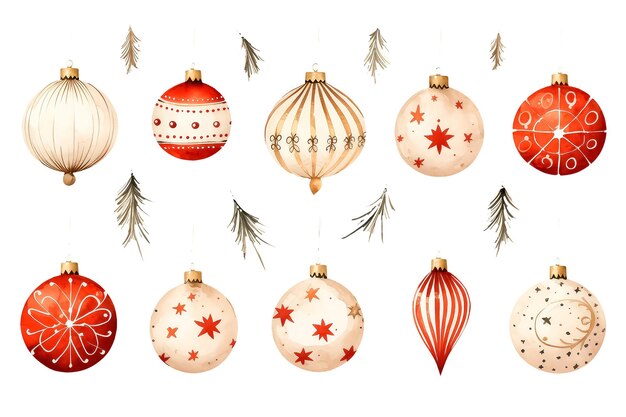 Christmas balls and garlands Christmas and New Year's theme in watercolor style isolate on white