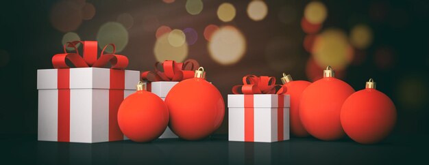 Christmas balls and gifts on bokeh background 3d illustration