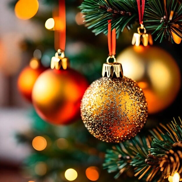 Christmas balls hang on a xmass tree light orange and dark gold blurred background Christmas or