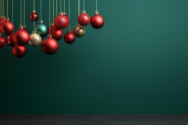 緑の背景のストリングから吊るされたクリスマスボール
