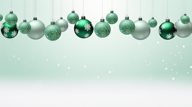 Photo christmas balls hanging in line on green background winter holiday card with baubles