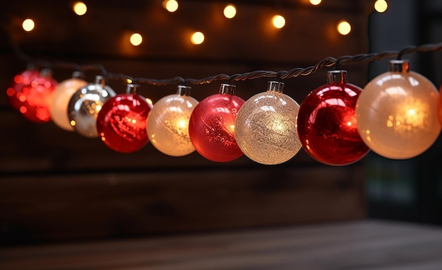 Foto palle di natale appese a una corda con una corda di luci dietro di loro