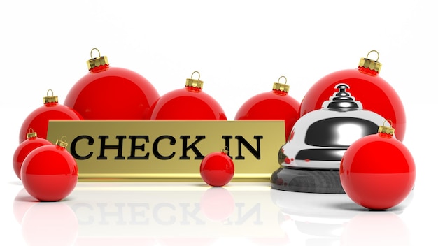 Christmas balls and hotel bell with check in tag isolated on white background