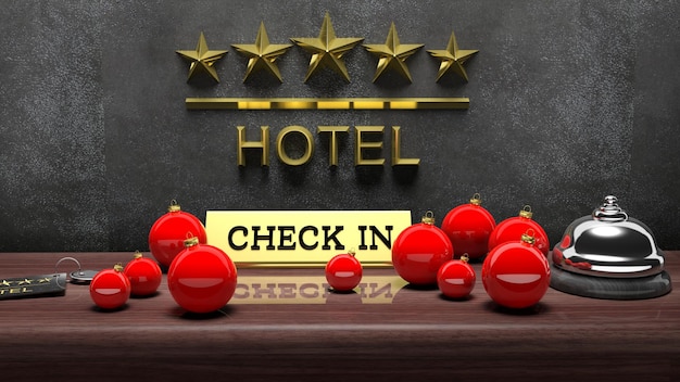 Christmas balls hotel bell with check in tag and key on reception desk