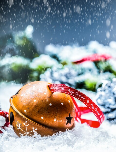 Christmas balls jingle bells and ribbon with Christmas decoration