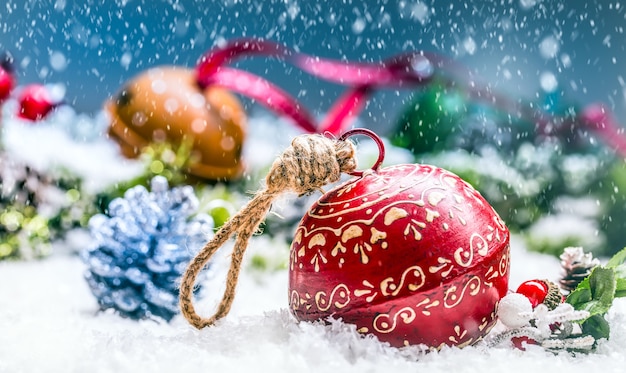 Christmas balls jingle bells and ribbon with Christmas decoration