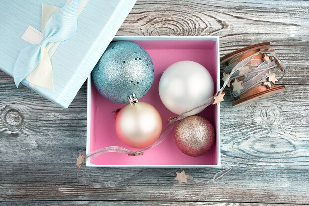 Christmas balls in an open box