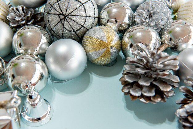 Christmas balls and ornaments on a blue background