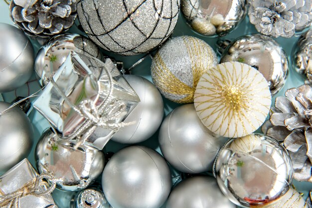 Christmas balls and ornaments on a blue background