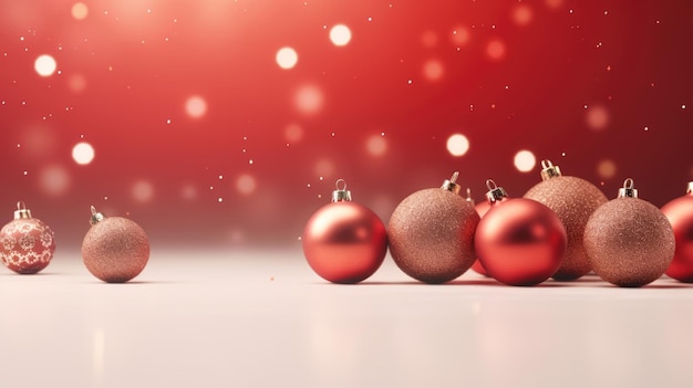 Christmas balls on red background New Year wallpaper with Christmas baubles gifts decoration concept