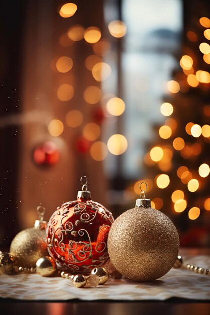 背景写真のクリスマス ツリーと赤と金色のクリスマス ボールをクローズ アップ