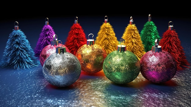Photo christmas balls set on a christmas tree and colored tassels generative ai