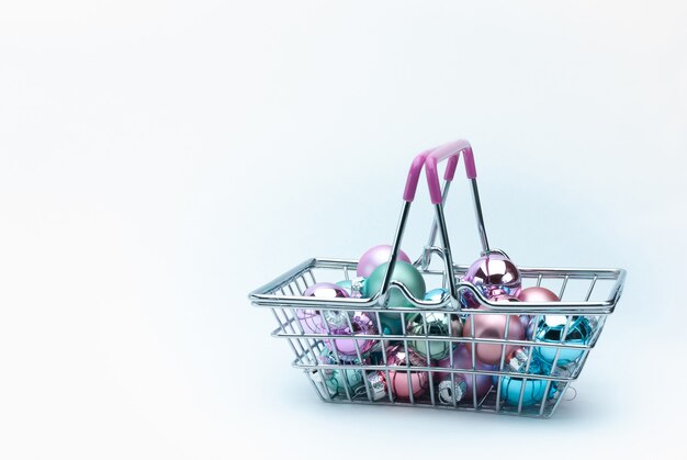 Christmas balls in a shopping basket