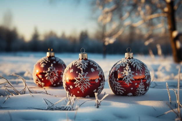 christmas balls on snow field