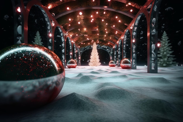 Christmas balls in a snowy alley