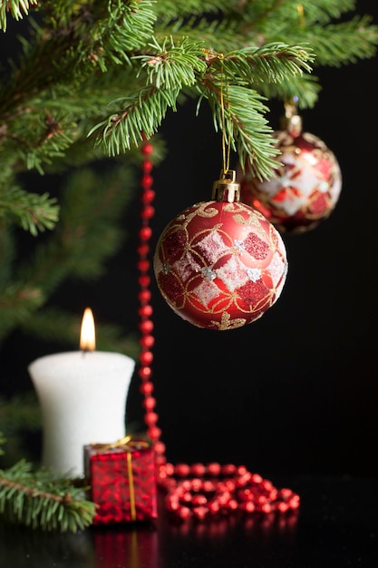 Christmas balls on spruce branch