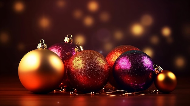 Christmas balls on a table with a bokeh background