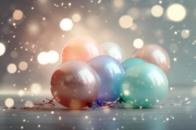 Christmas balls on a table with lights in the background