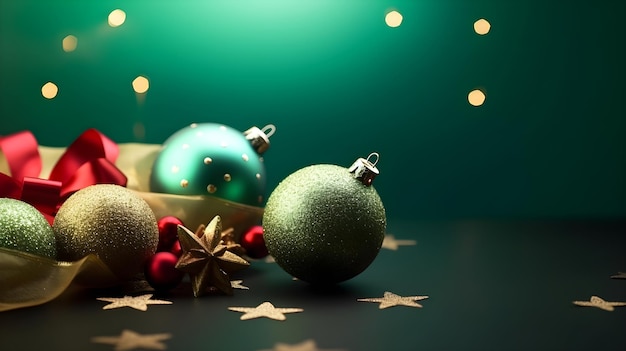 Christmas balls on a table with a star on the background