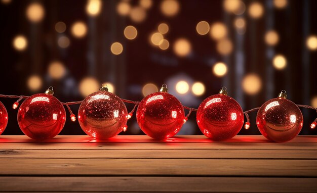 christmas balls on a window sill with lights behind them