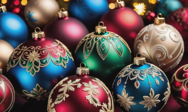 Christmas balls with complex ornaments closeup