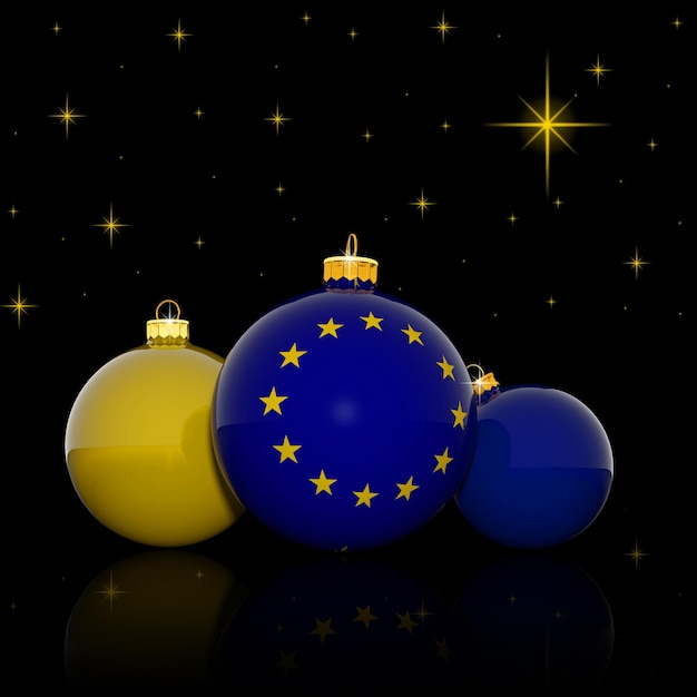 Christmas balls with European Union flag on black background