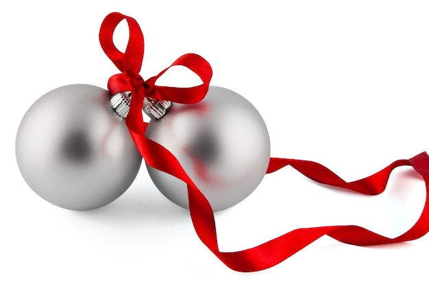 Photo christmas balls with red ribbon