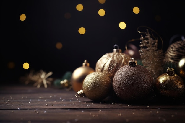 Christmas balls on a wooden table with a black background