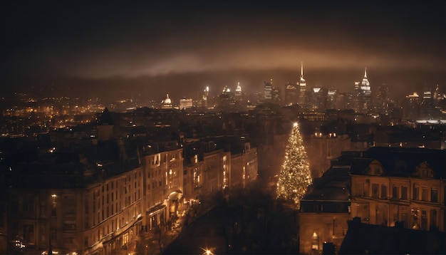 美しく照らされた街のスカイラインの背景にクリスマスのバナー