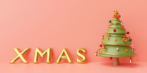 Рождественский баннер фон, елка с золотым рождественским воздушным шаром на розовом фоне, 3d-рендеринг