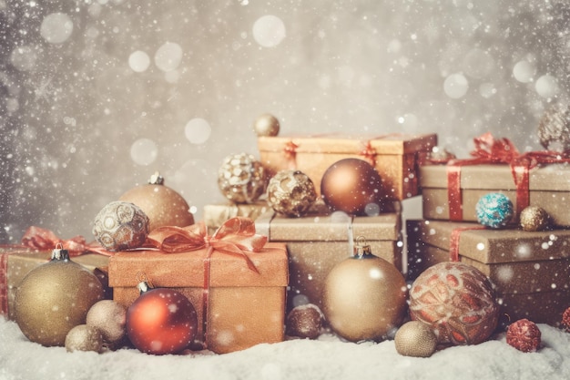 Christmas banner background vintage gift boxes and balls Generative AI