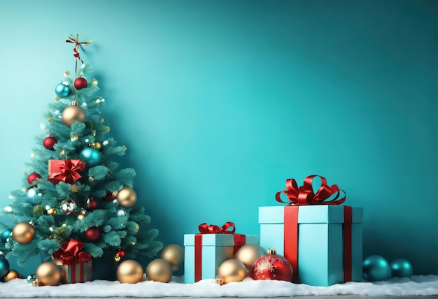 Рождественский баннер елка светло-синий фон с упакованными подарочными коробками