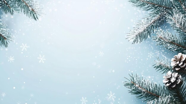 christmas banner fir tree twigs on light blue background