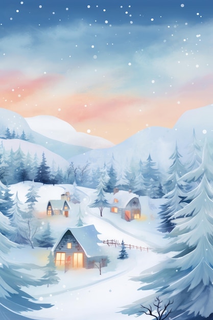 Christmas banner Pastel illustration Winter season landscape with christmas tree and snow Generative ai
